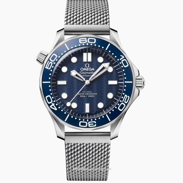 Omega Seamaster Diver 300M Blue Wave Dial Ceramic Bezel Steel Mesh