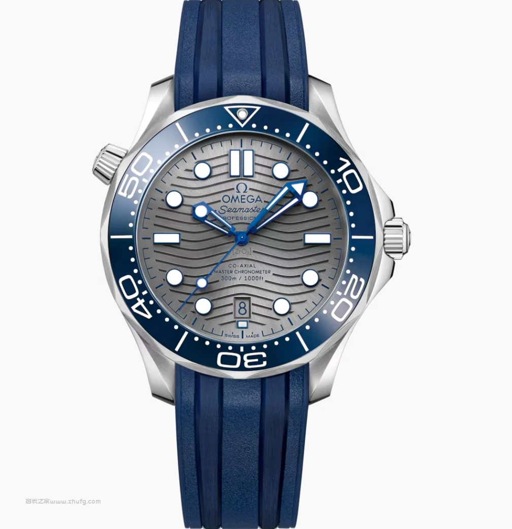 Omega Seamaster 300M grey dial blue bezel rubber strap front view