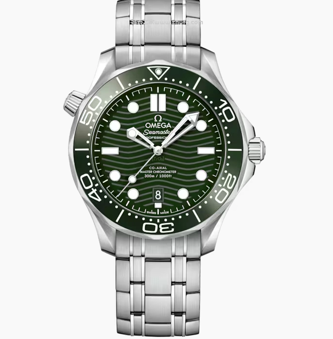 Omega Seamaster 300M green wave dial on steel bracelet front view