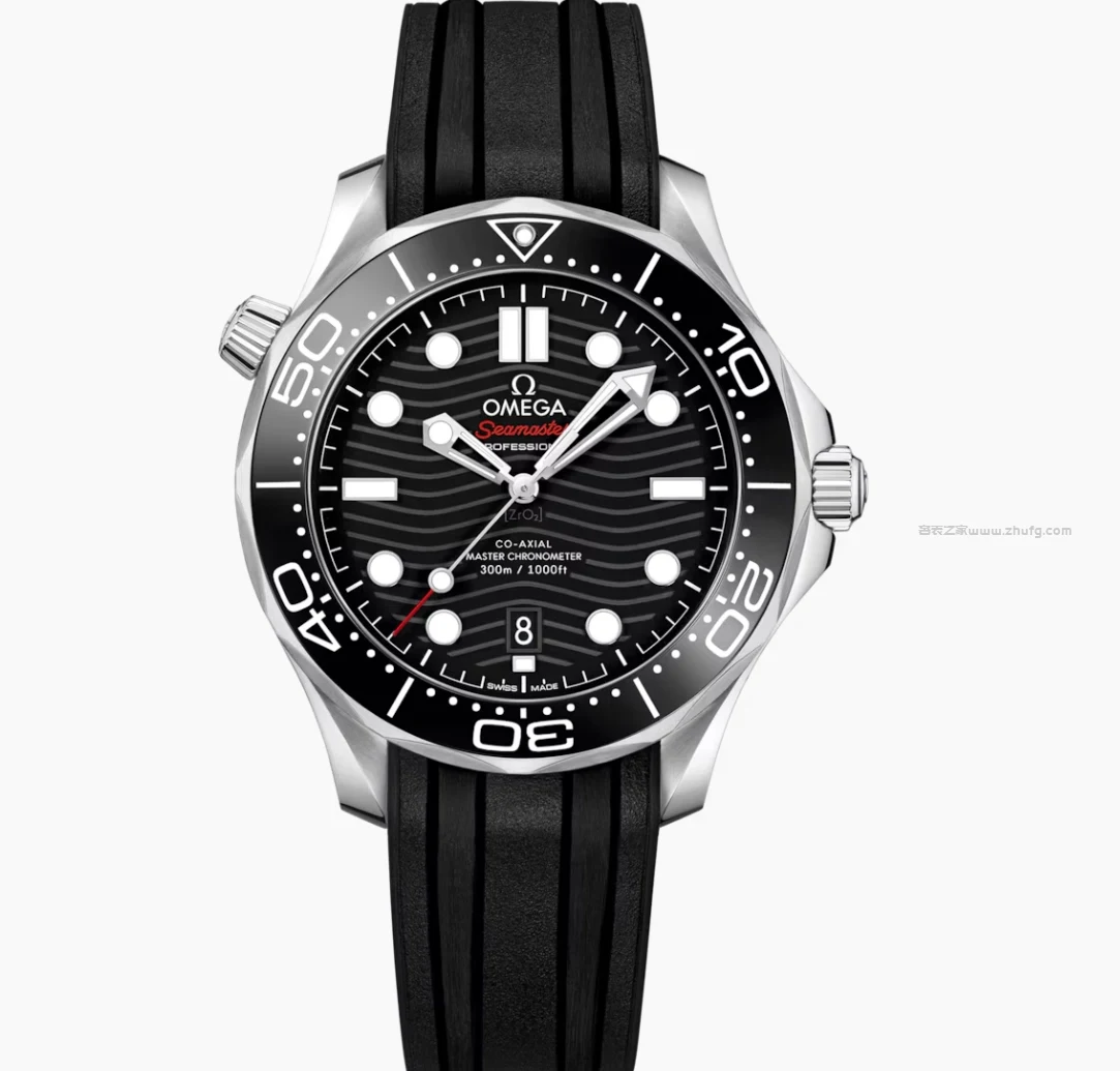 Omega Seamaster 300M black dial on rubber strap front view