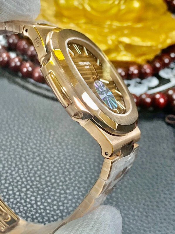百達翡麗18K金錶鸚鵡螺機械複刻錶真金不掉色男士腕錶帶證書側面圖