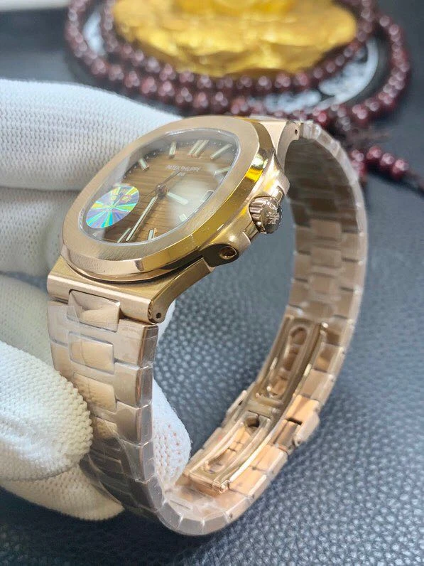 百達翡麗18K金錶鸚鵡螺機械複刻錶真金不掉色男士腕錶帶證書側面圖